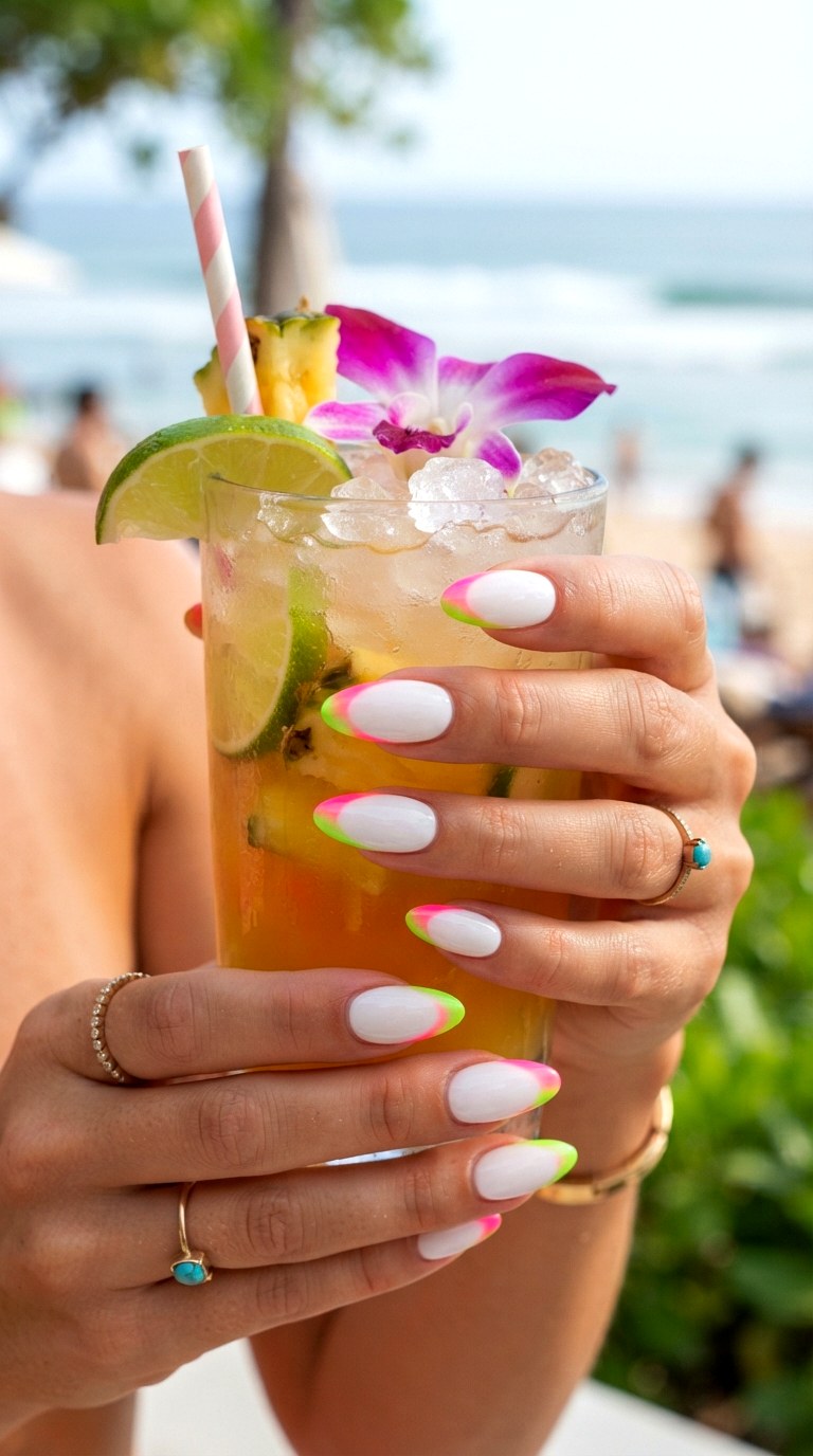 Neon French Tip Almond Nails - 25 Summer Almond Nail Designs