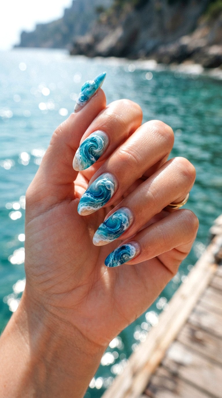 Ocean Wave Swirl Almond Nails - 25 Summer Almond Nail Designs
