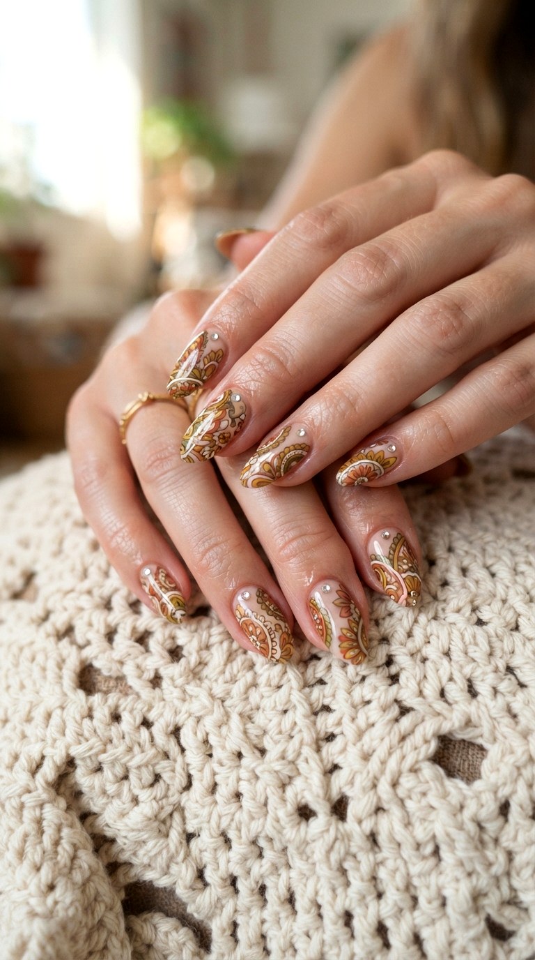 Paisley Boho Print Almond Nails - 25 Summer Almond Nail Designs