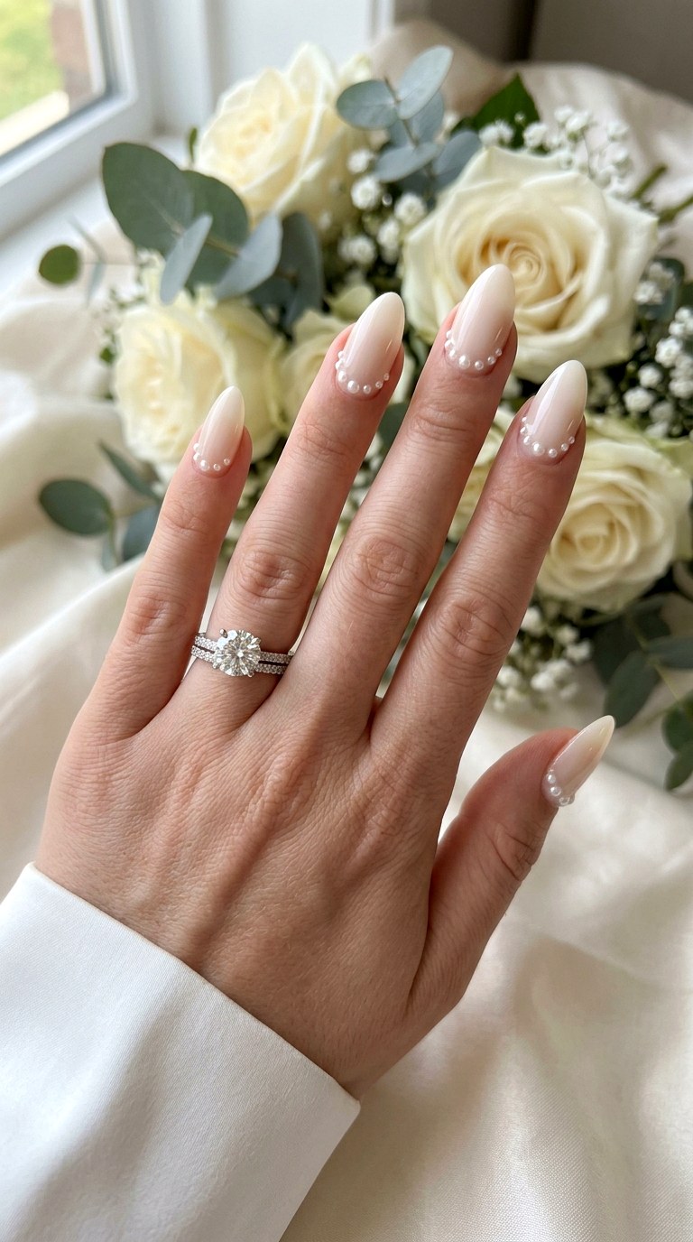 Pearl Embellished Almond Shape Nails - 24 Wedding Nail Art Ideas