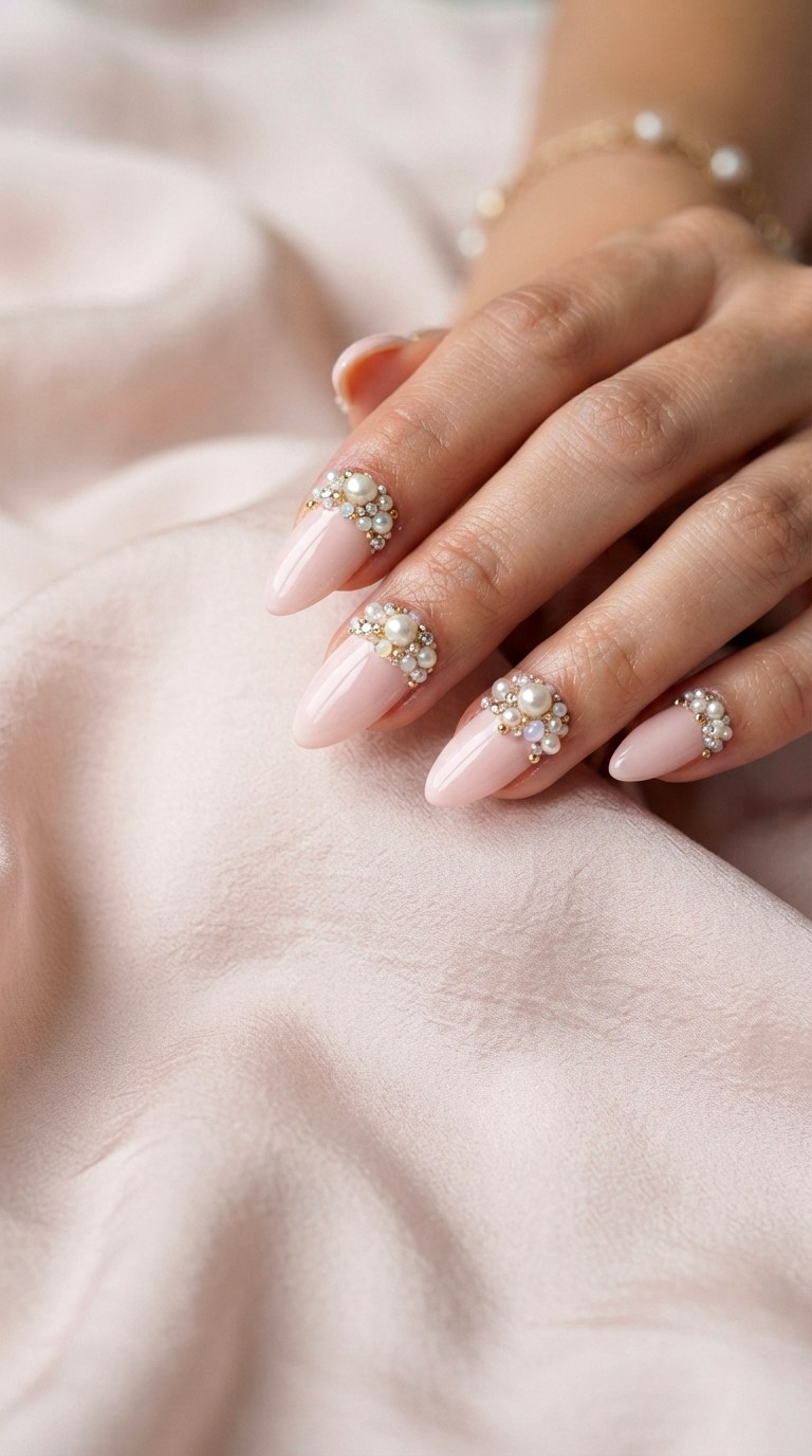 Pearl Encrusted Glamour Almond Nails - 25 Summer Almond Nail Designs