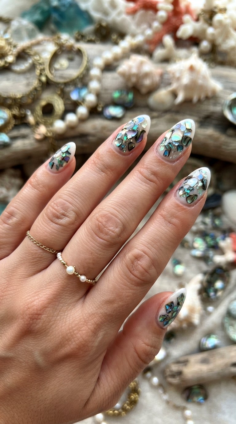 Pearl Shell Fragment Milky White Nails - 29 milky white nails with design