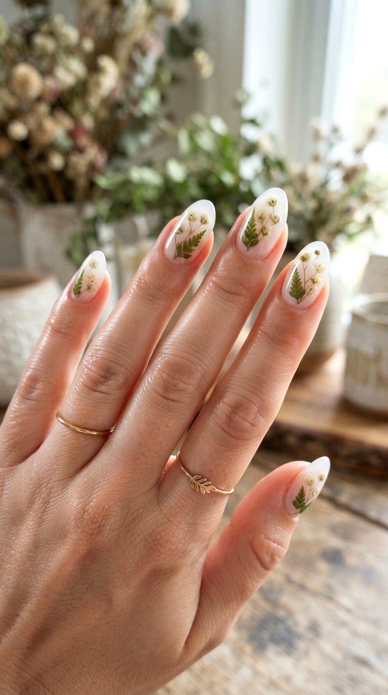 Pressed Botanical Milky White Nails - 29 milky white nails with design