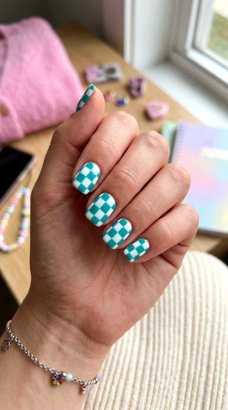 Retro Teal Checkerboard Nails - 25 Teal Nail Color Ideas