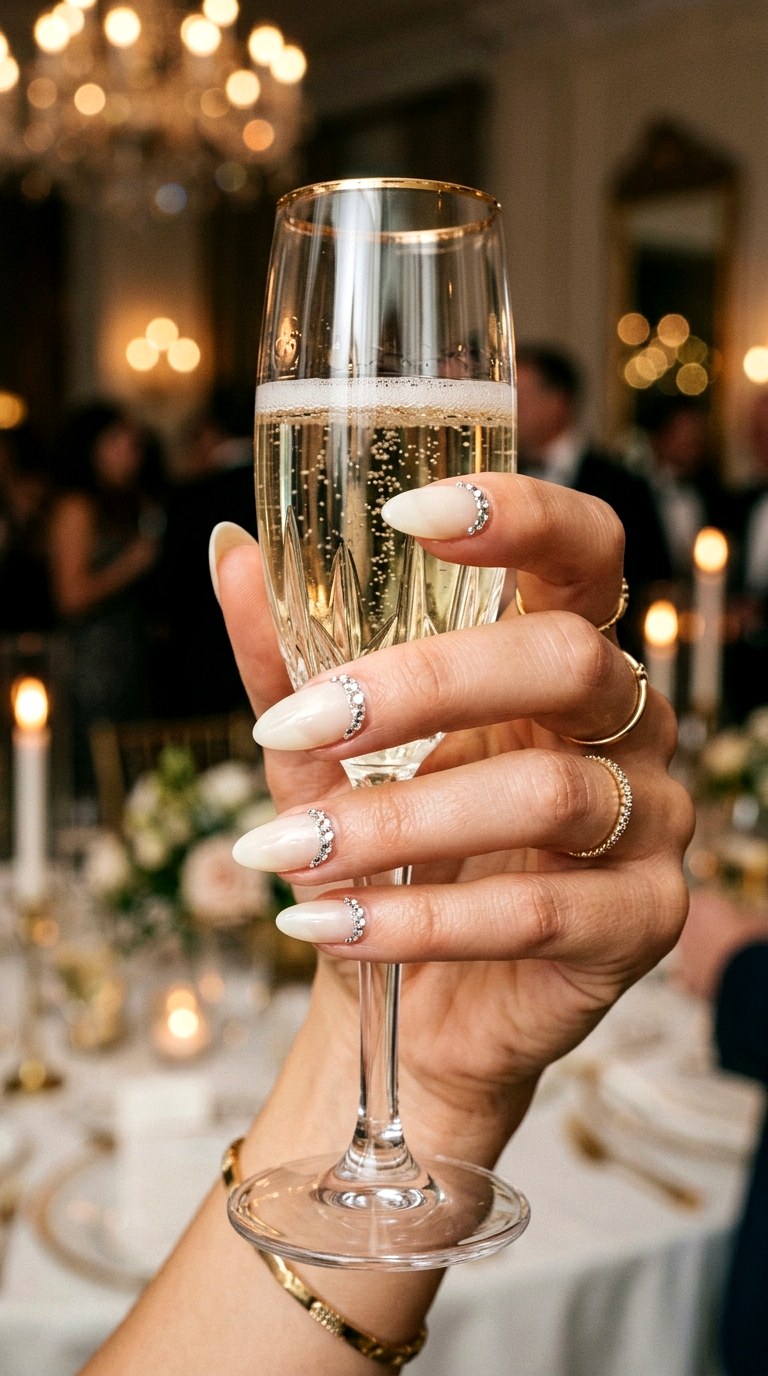 Rhinestone Studded Half Moon Nails - 24 Wedding Nail Art Ideas
