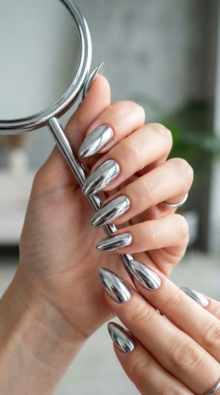 Silver Chrome Metallic Almond Nails - 25 Summer Almond Nail Designs