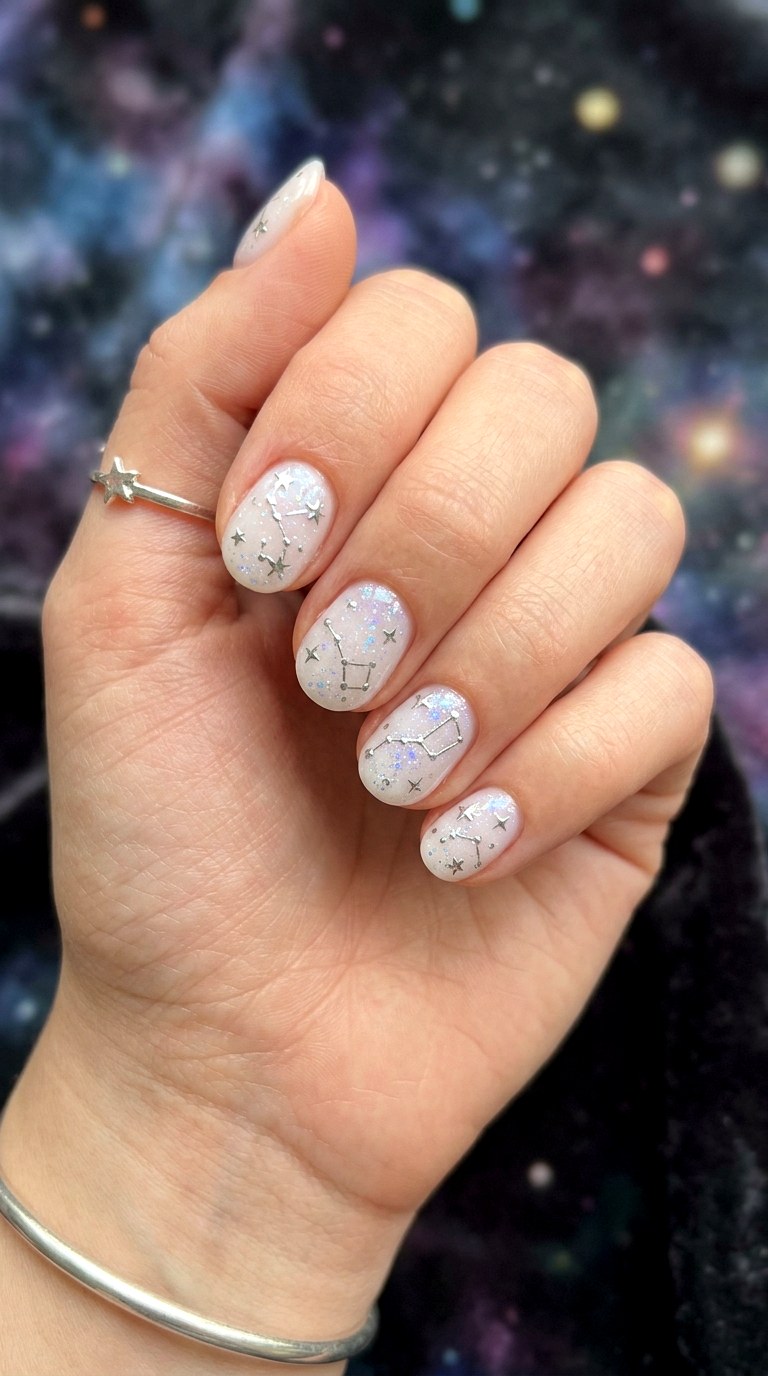 Silver Constellation Milky White Nails - 29 milky white nails with design