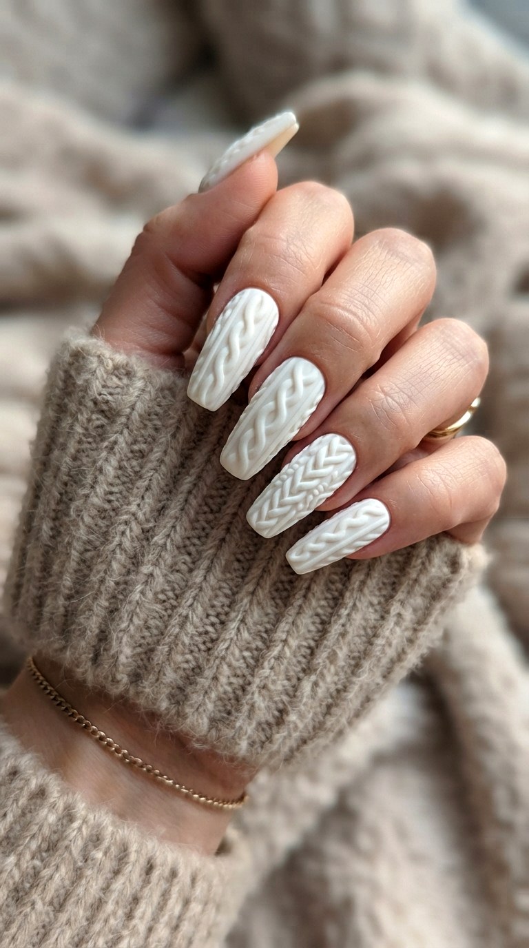 Sweater Weather Cable Knit Milky White Nails - 29 milky white nails with design