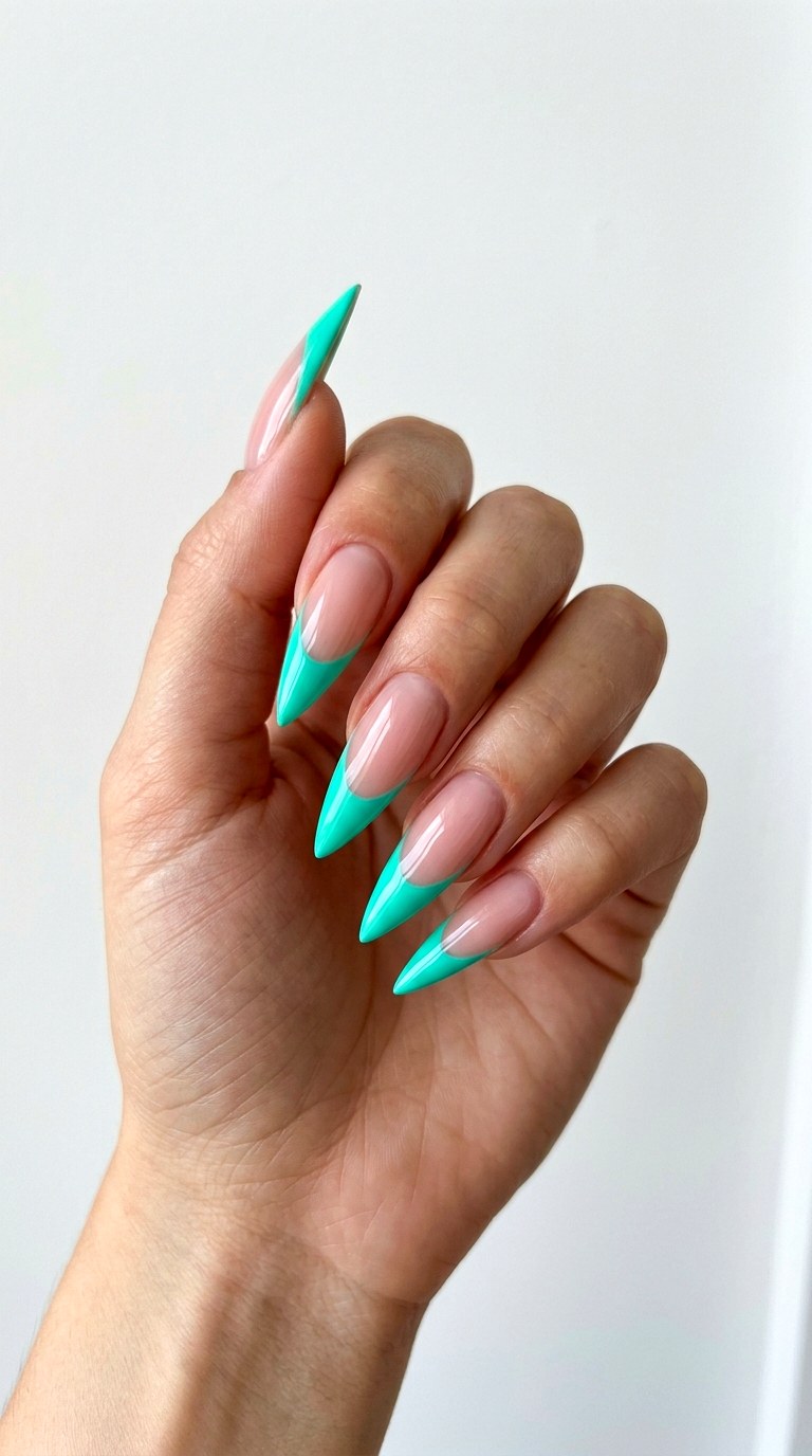 Teal French Tip Stiletto Nails - 25 Teal Nail Color Ideas