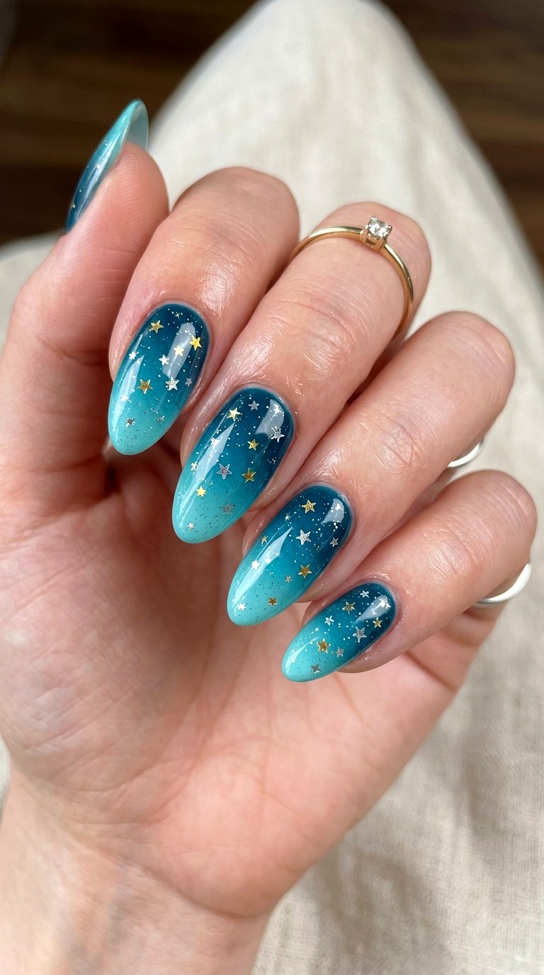 Teal Gradient With Star Glitter - 25 Teal Nail Color Ideas