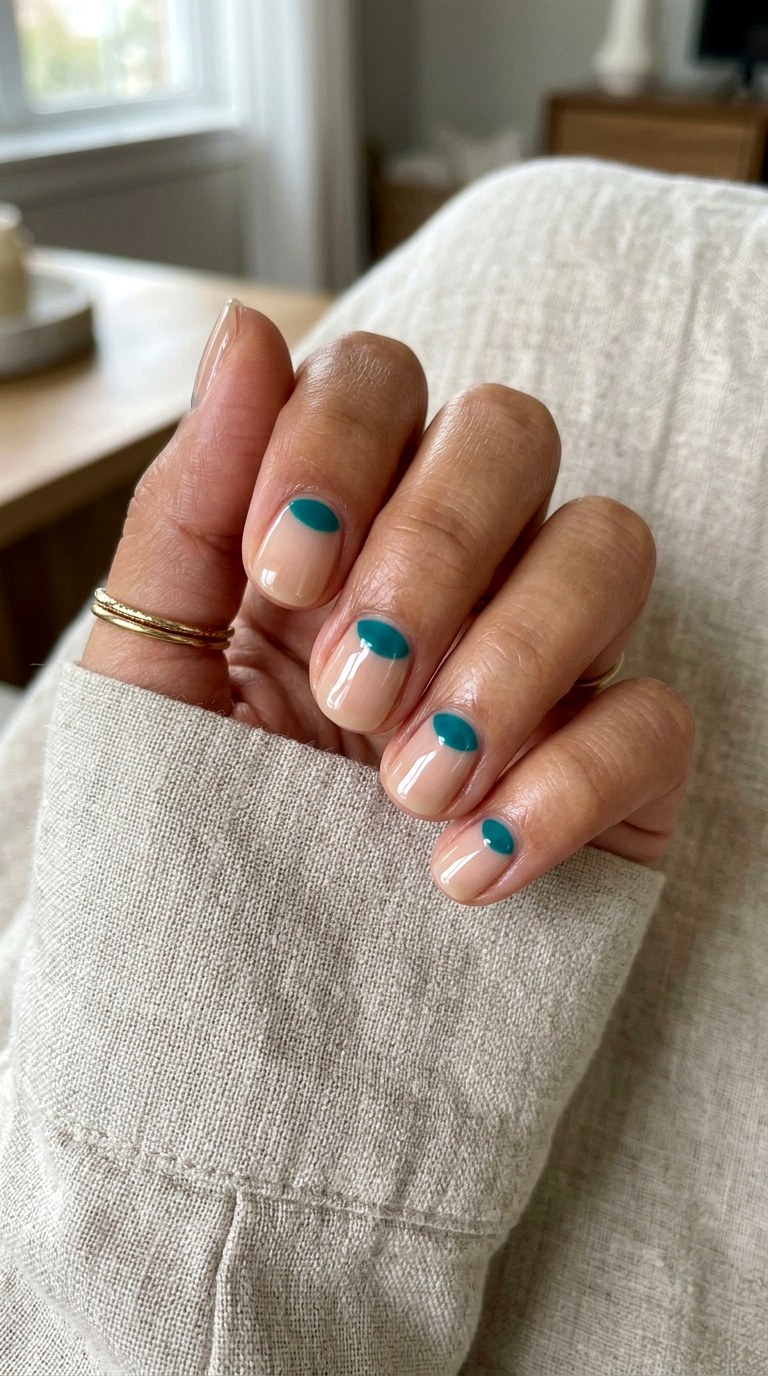 Teal Half Moon Design Nails - 25 Teal Nail Color Ideas