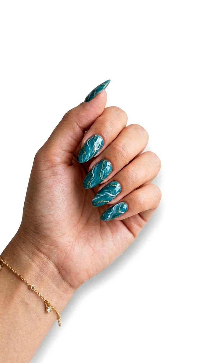 Teal Marble Swirl Nails - 25 Teal Nail Color Ideas
