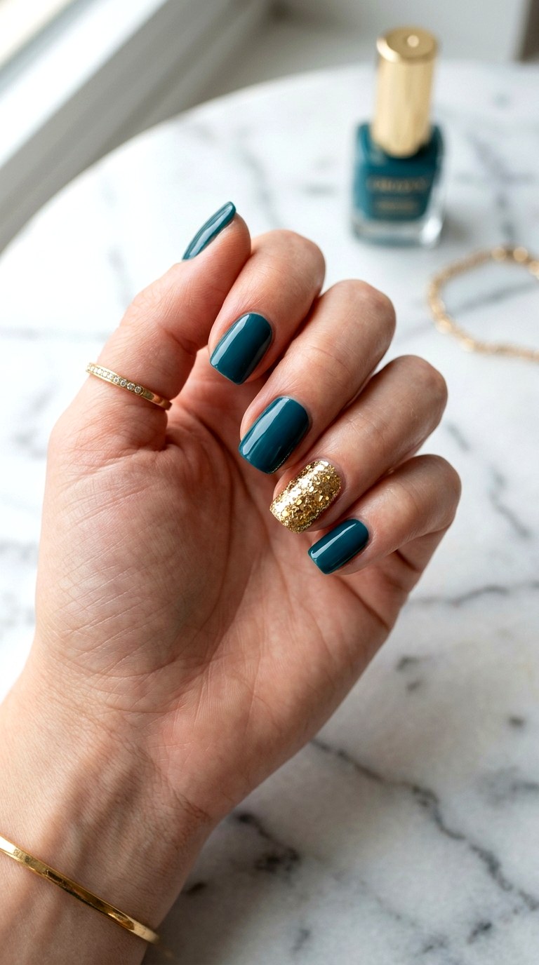 Teal and Gold Glitter Accent - 25 Teal Nail Color Ideas