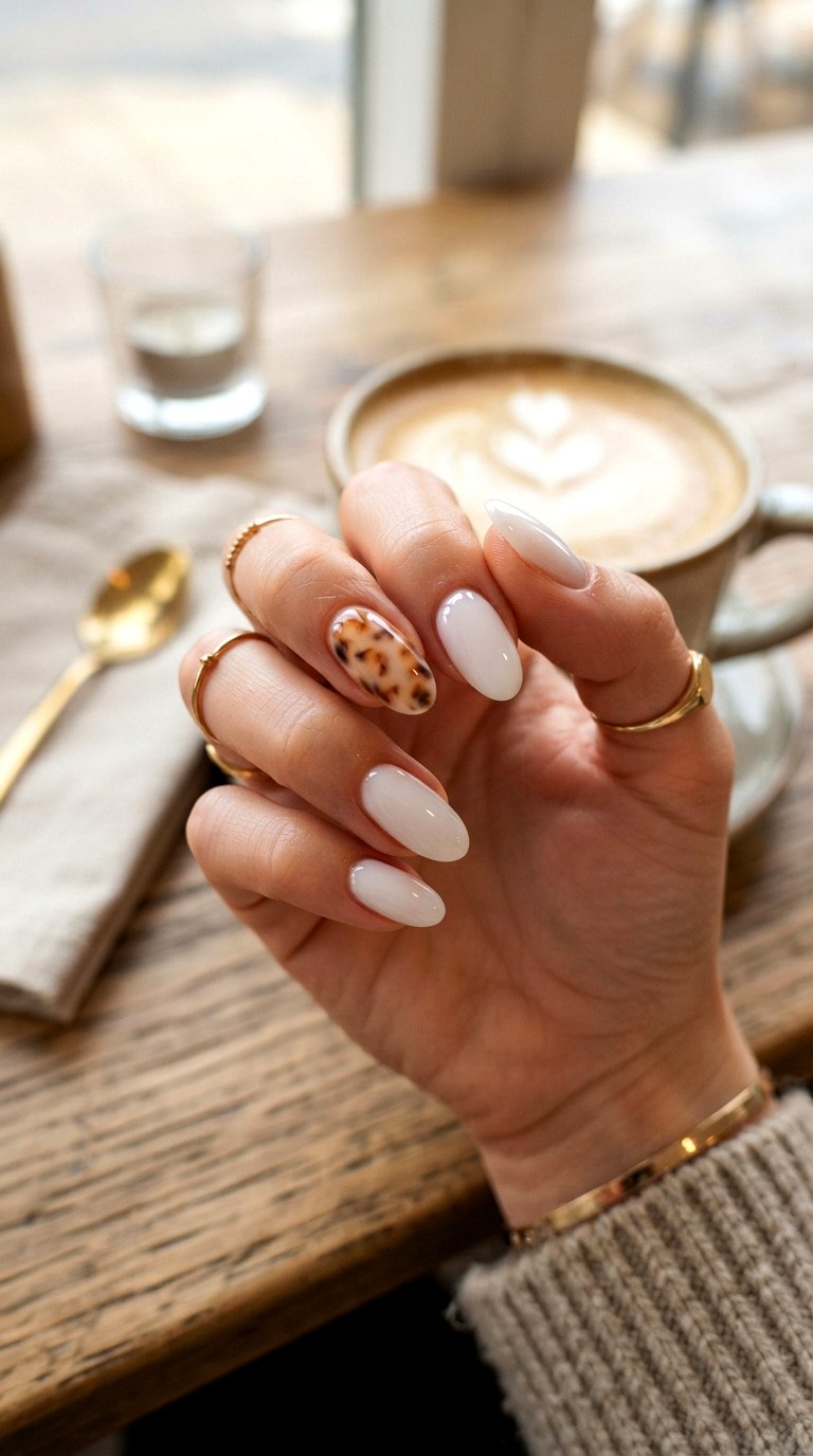 Tortoiseshell Accent Milky White Nails - 29 milky white nails with design