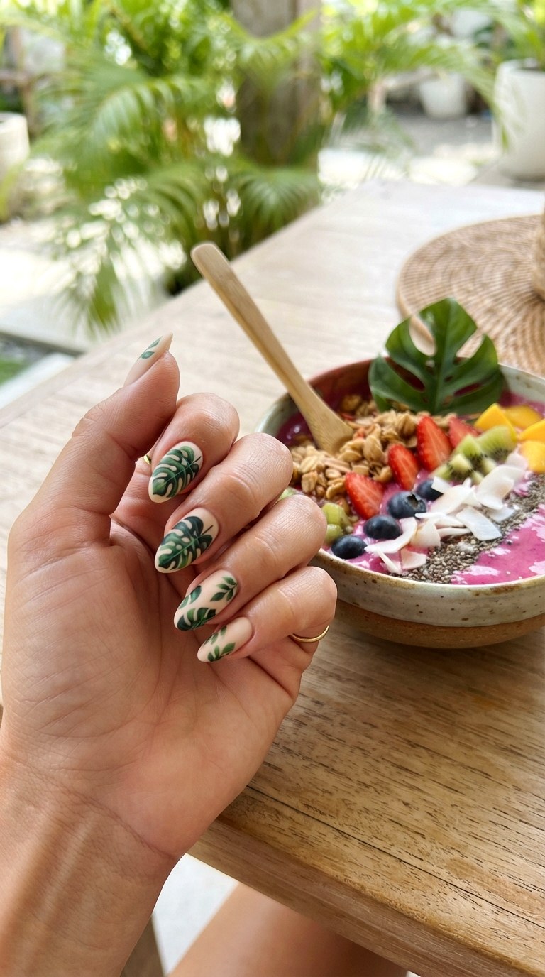 Tropical Leaf Monstera Almond Nails - 25 Summer Almond Nail Designs