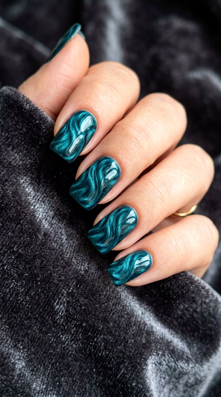 Velvet Teal Square Nails - 25 Teal Nail Color Ideas