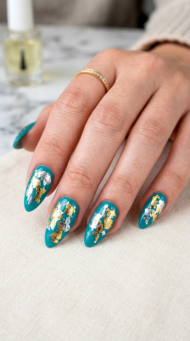 Vibrant Teal Almond With Foil - 25 Teal Nail Color Ideas