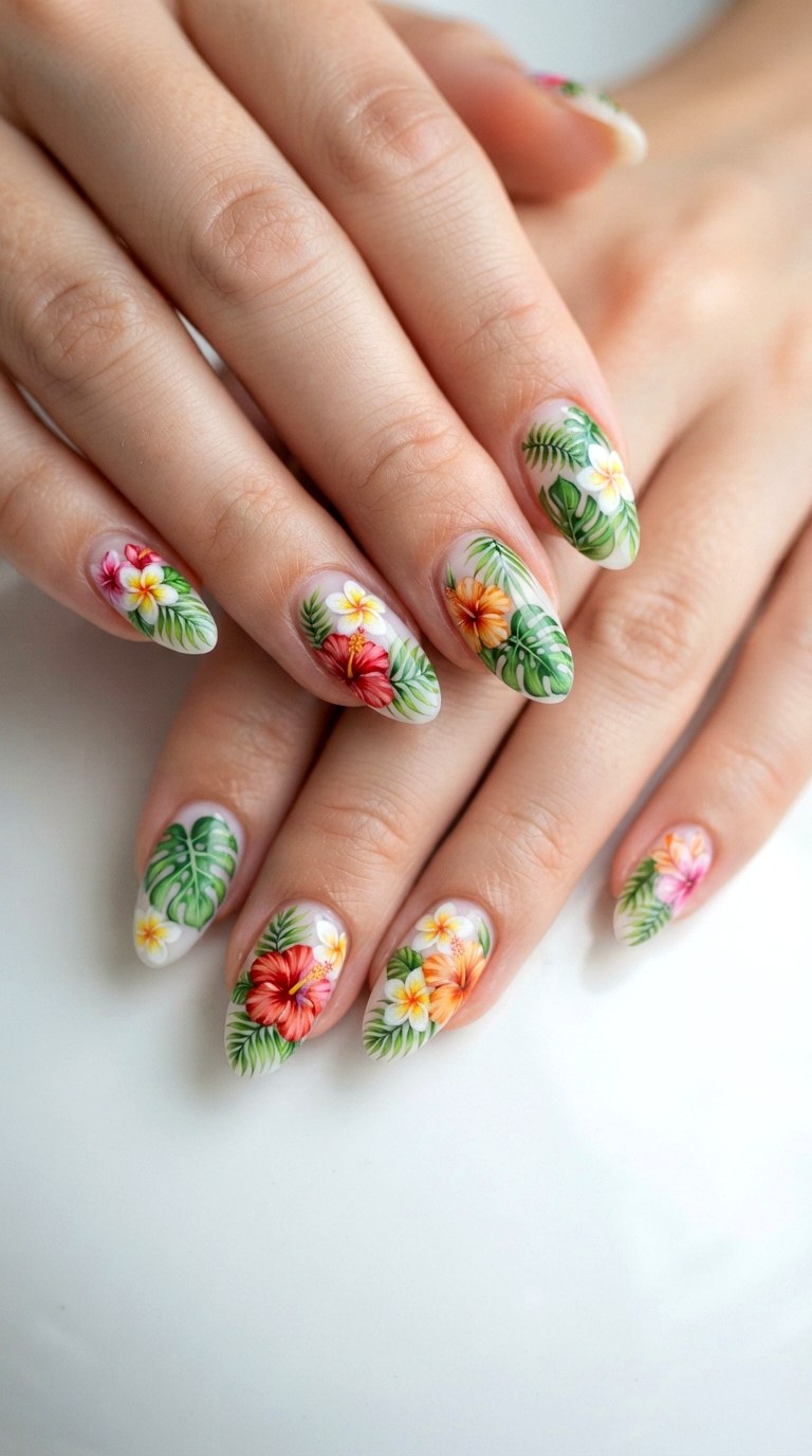 Vibrant Tropical Floral Almond Nails - 25 Summer Almond Nail Designs