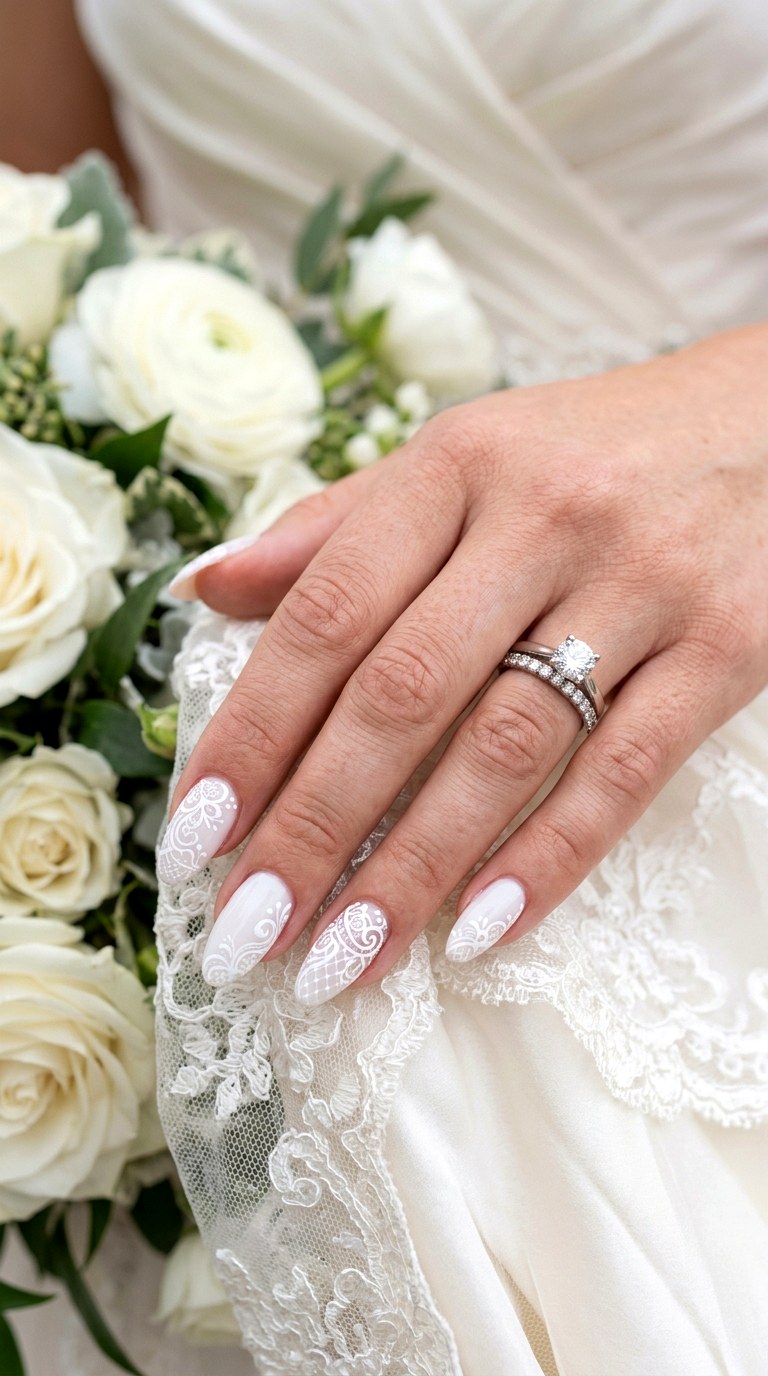 Vintage Lace White Detailing Nails - 24 Wedding Nail Art Ideas