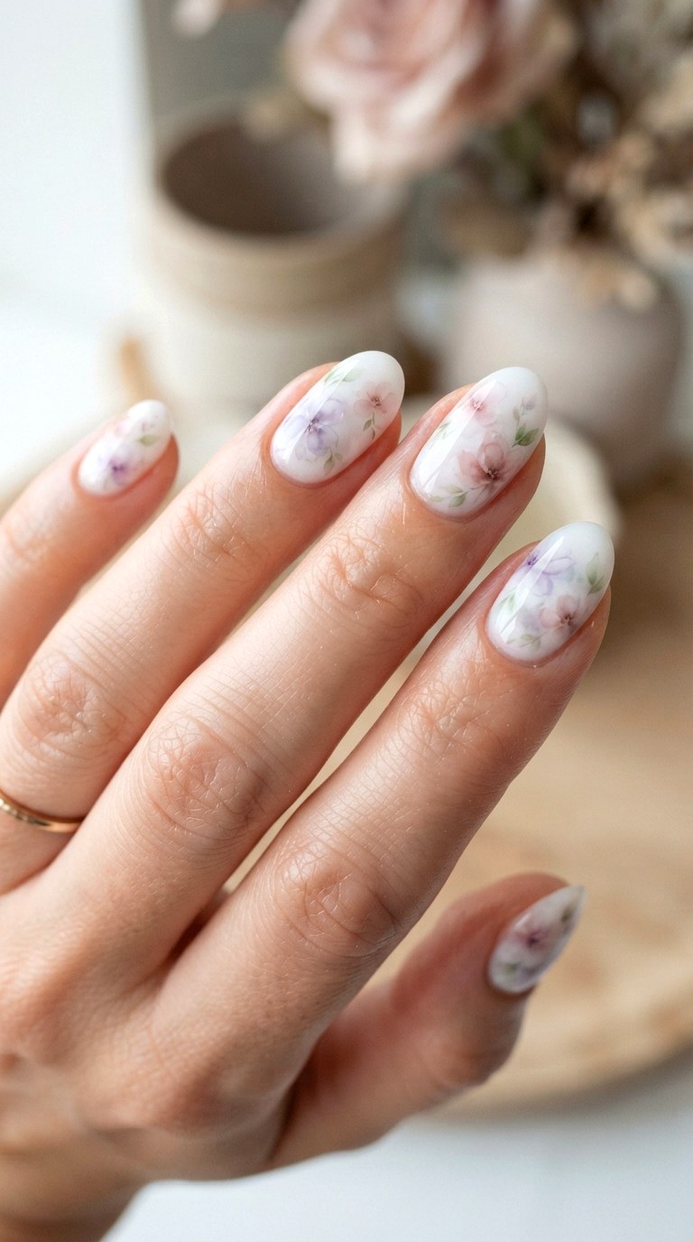 Watercolor Floral Bloom Milky White Nails - 29 milky white nails with design