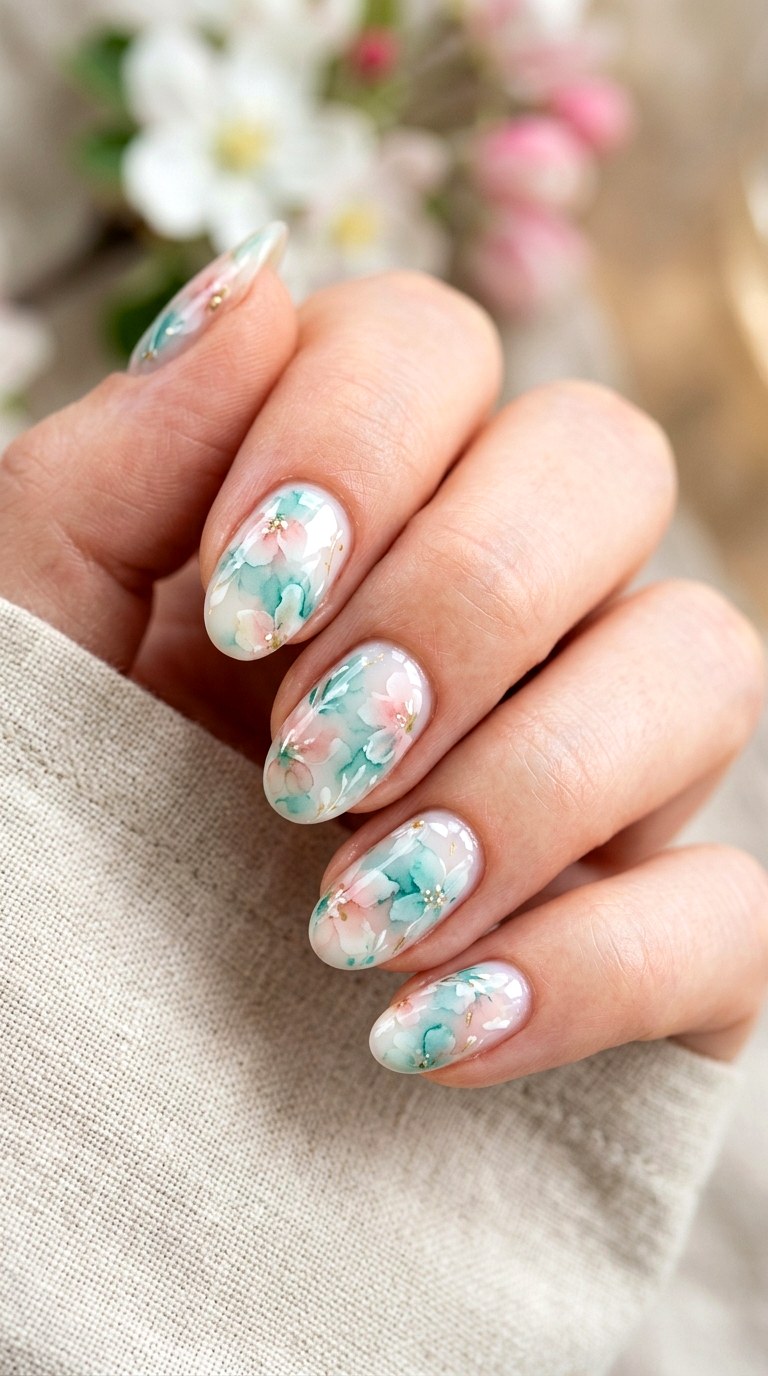 Watercolor Teal Blossom Nails - 25 Teal Nail Color Ideas