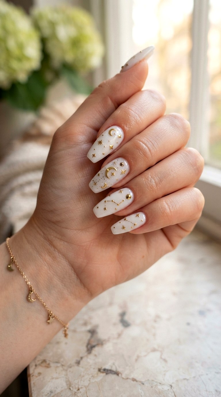 White Celestial Nails with Starry Accents - 25 white nail inspo