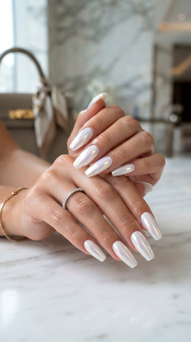 White Chrome Nails with Pearlescent Glow - 25 white nail inspo