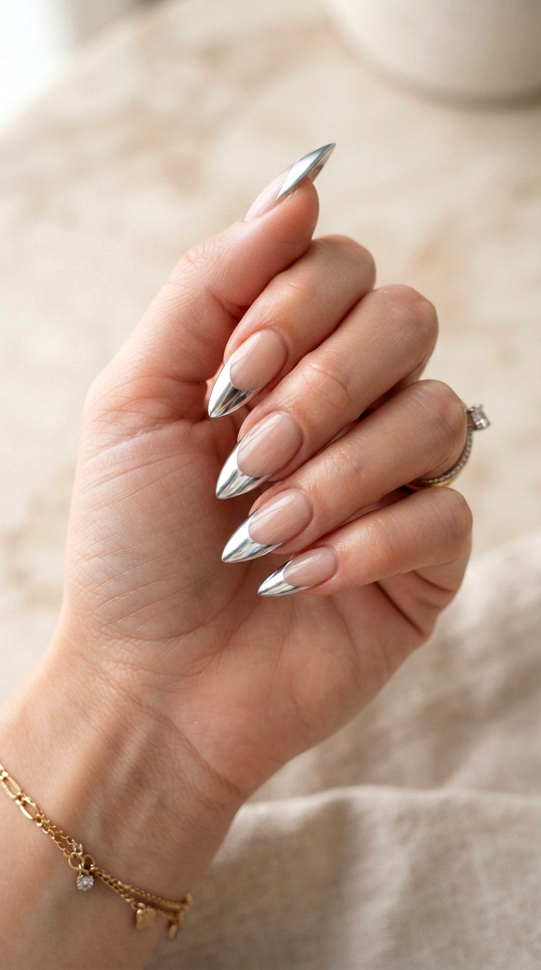 White French Nails with Chrome Finish - 24 white French nails idea