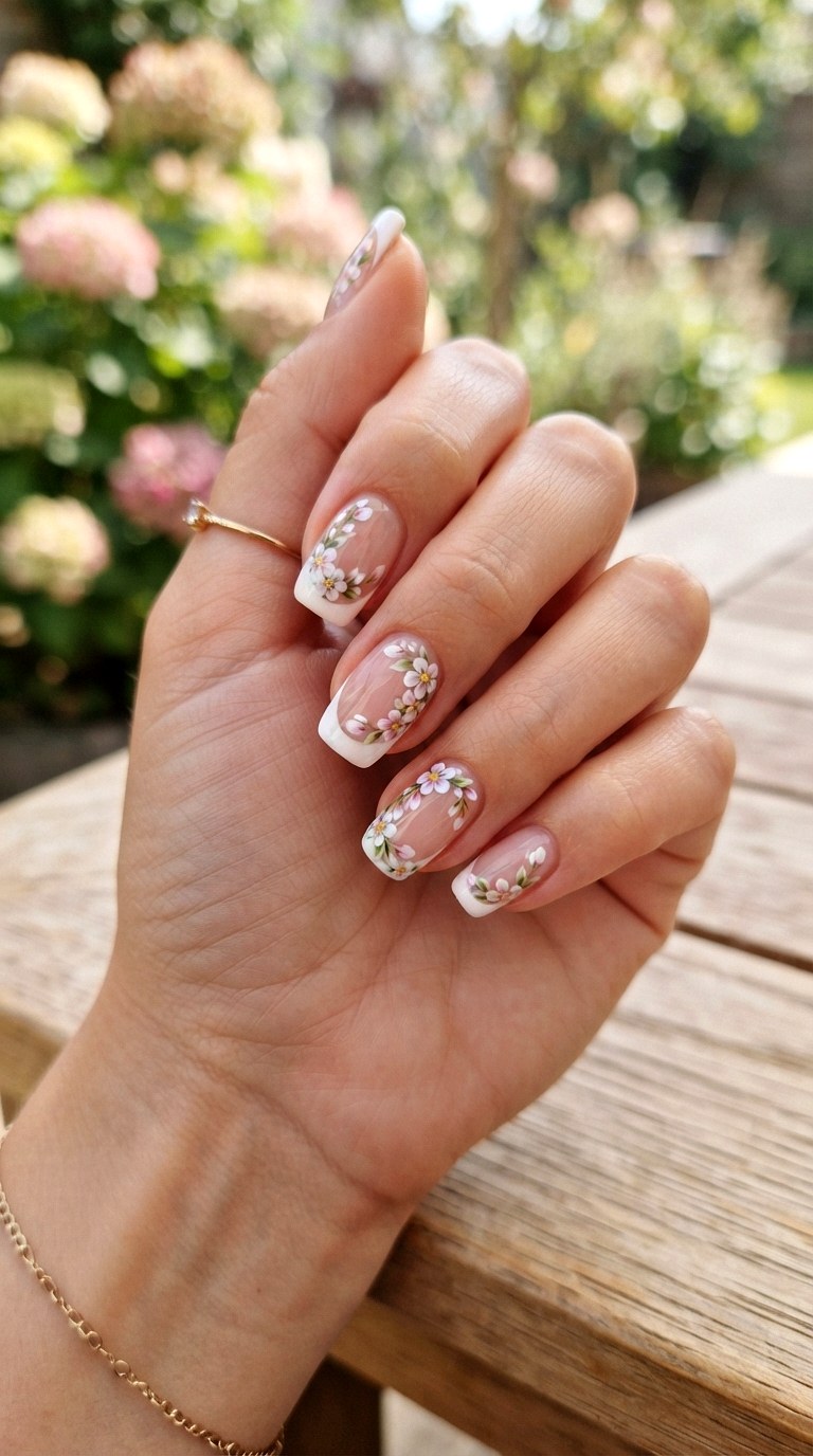 White French Nails with Floral Art - 24 white French nails idea