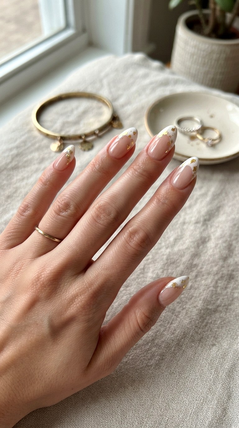 White French Nails with Gold Foil - 24 white French nails idea