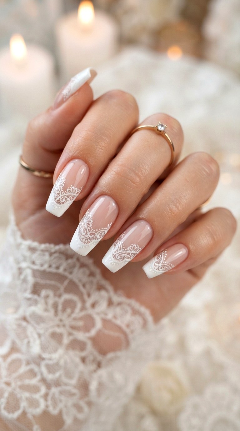 White French Nails with Lace Detail - 24 white French nails idea