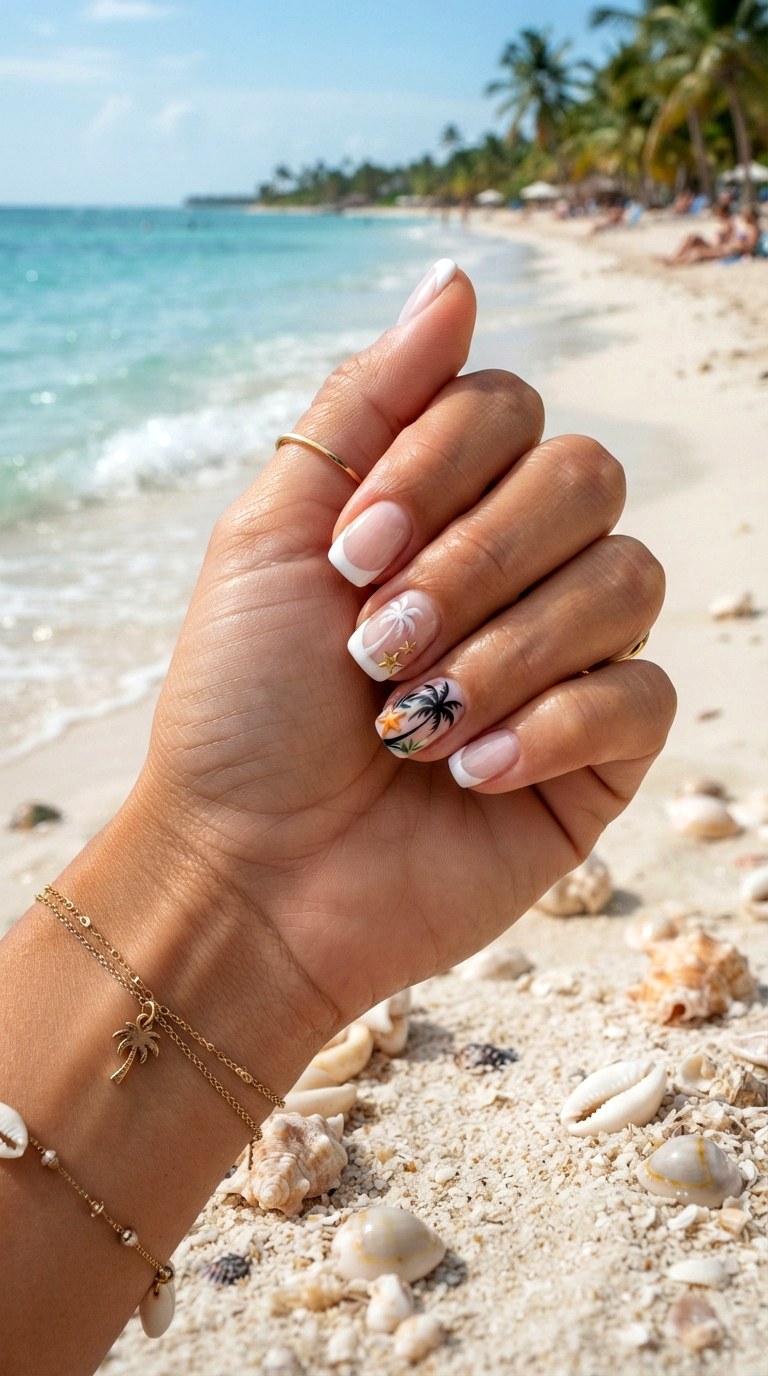 White French Nails with Tropical Vibes - 24 white French nails idea