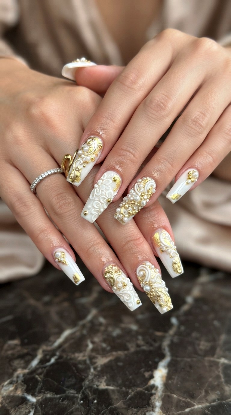 White Gold Luxury Texture Nail - 25 white nail inspo