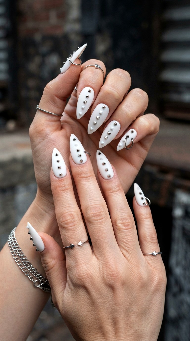 White Snake Bite Nails with Studded Details - 25 white nail inspo