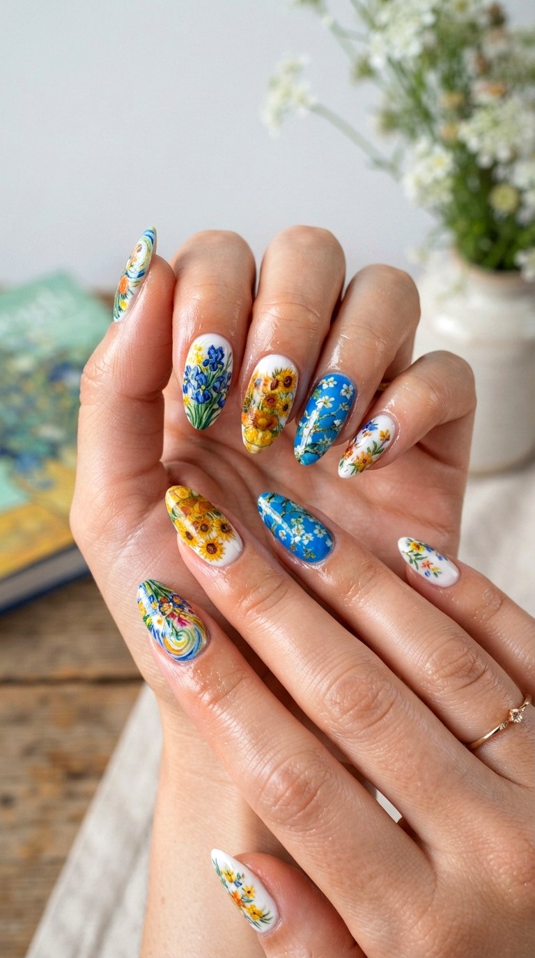 White Van Gogh Inspired Floral Nails - 25 white nail inspo