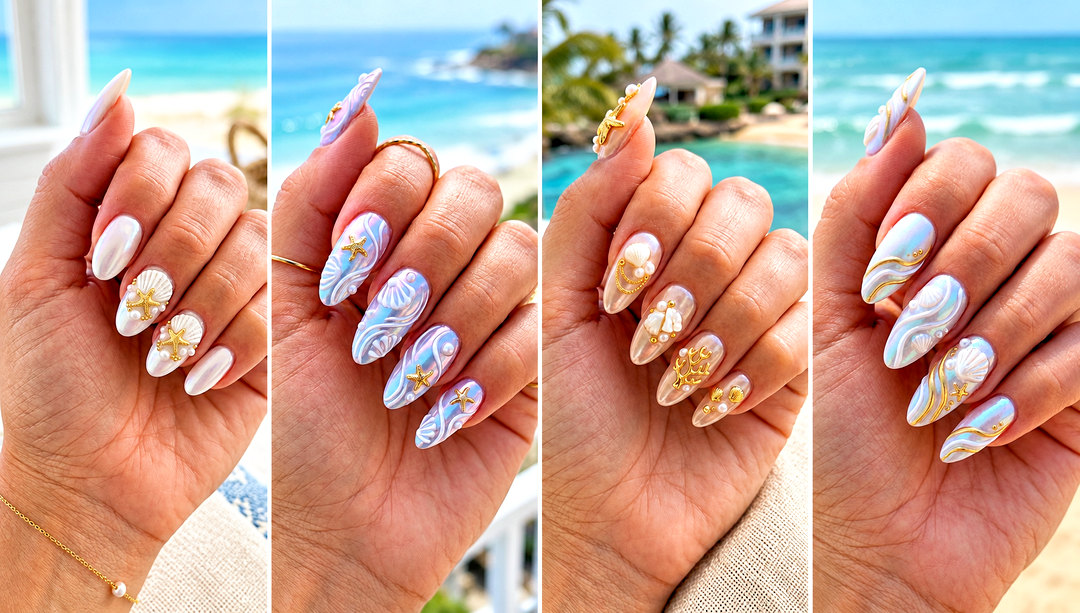 23 Iridescent Pearl and Gold Starfish Shell Nail Shimmer Design Ideas