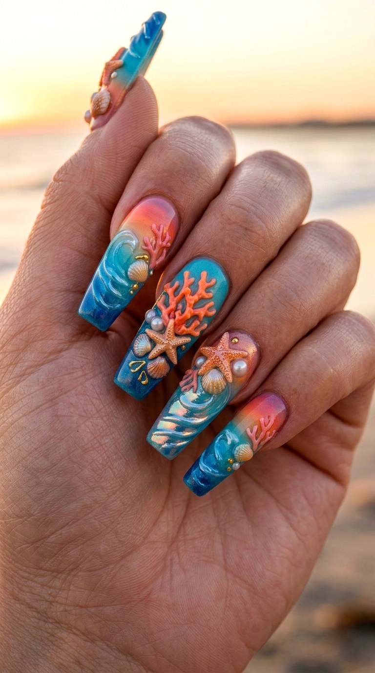 D Coral Sunset Ocean Nails - 20 3D Ocean nails idea