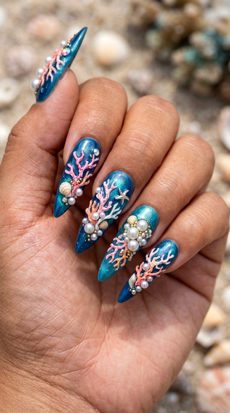 D Coral and Pearl Glam Nails - 20 3D Ocean nails idea