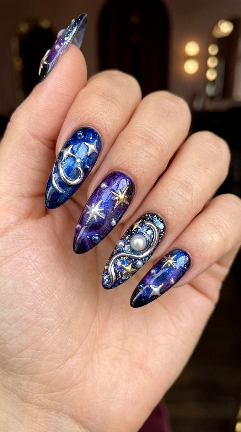 D Cosmic Star Swirl Nails - 25 magical starry swirl nail ideas