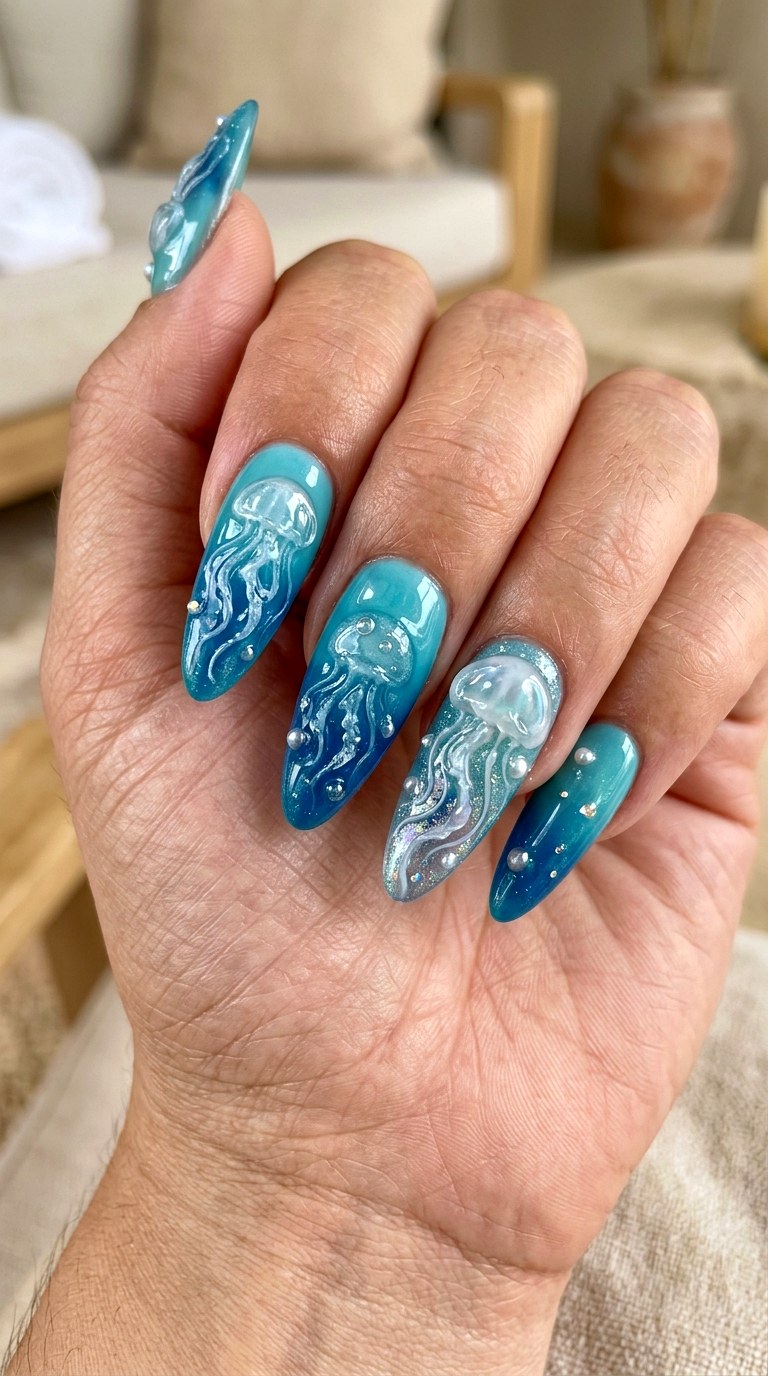 D Jellyfish Ocean Set Nails - 20 3D Ocean nails idea