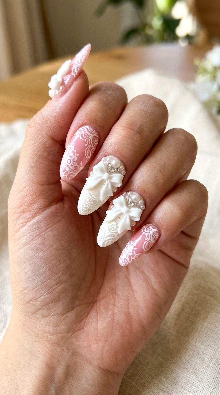 D Lace Bow Nails - 21 coquelte lace nail ideas