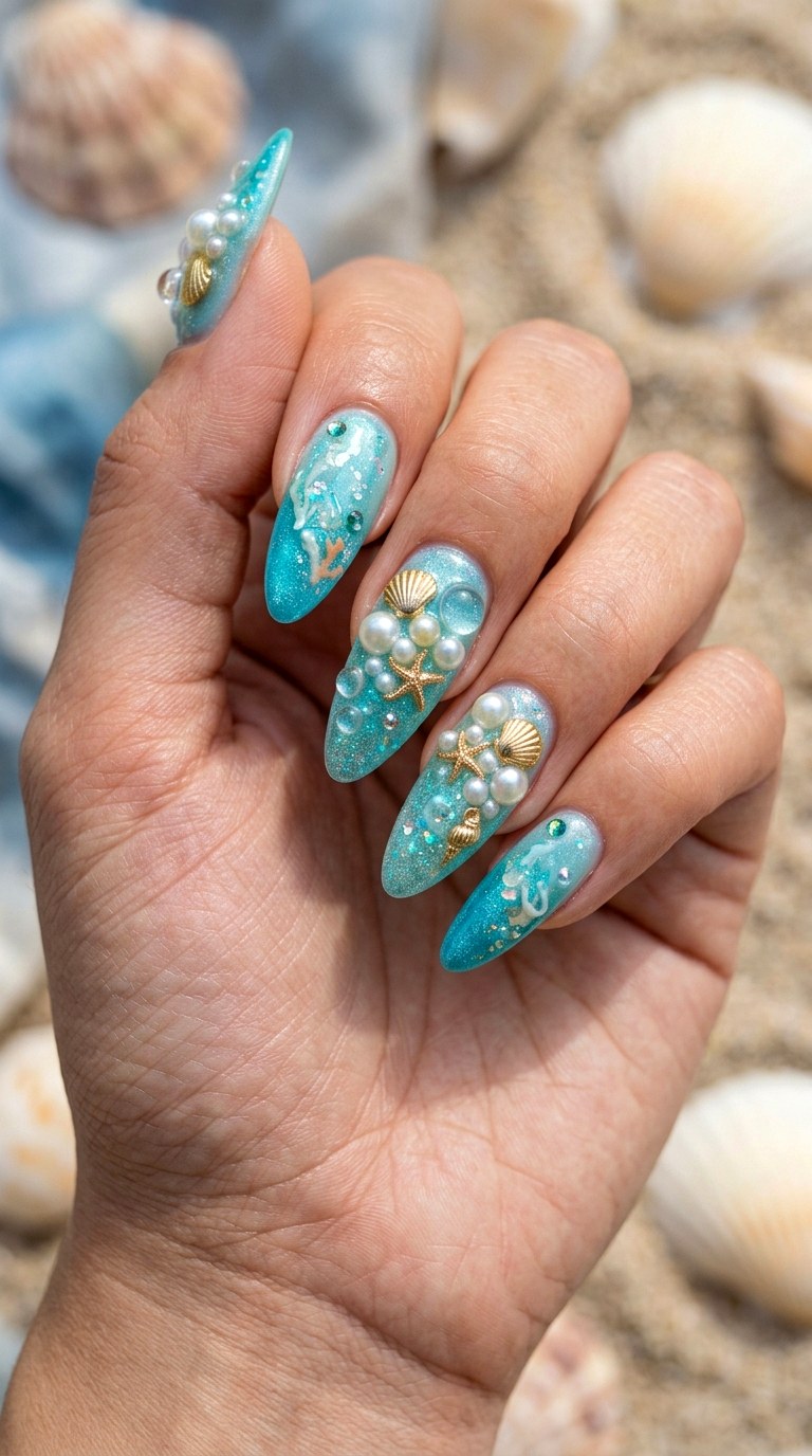 D Mermaid Pearl Garden Nails - 20 3D Ocean nails idea