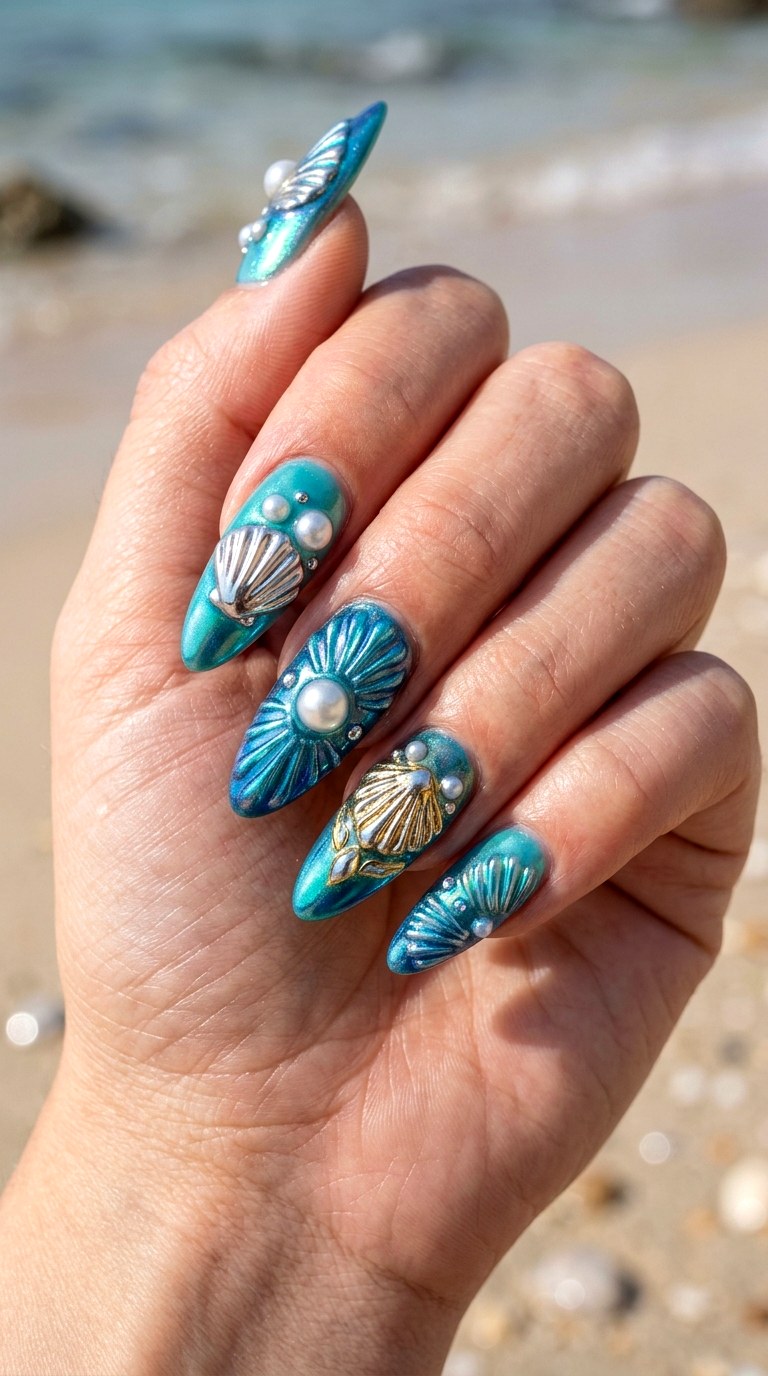D Ocean Chrome Shells Nails - 20 3D Ocean nails idea