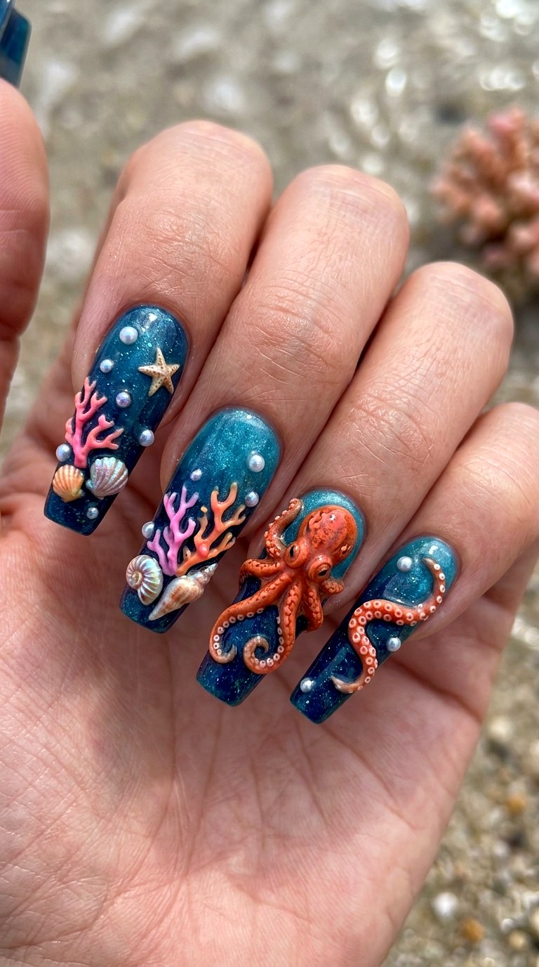 D Octopus Ocean Art Nails - 20 3D Ocean nails idea