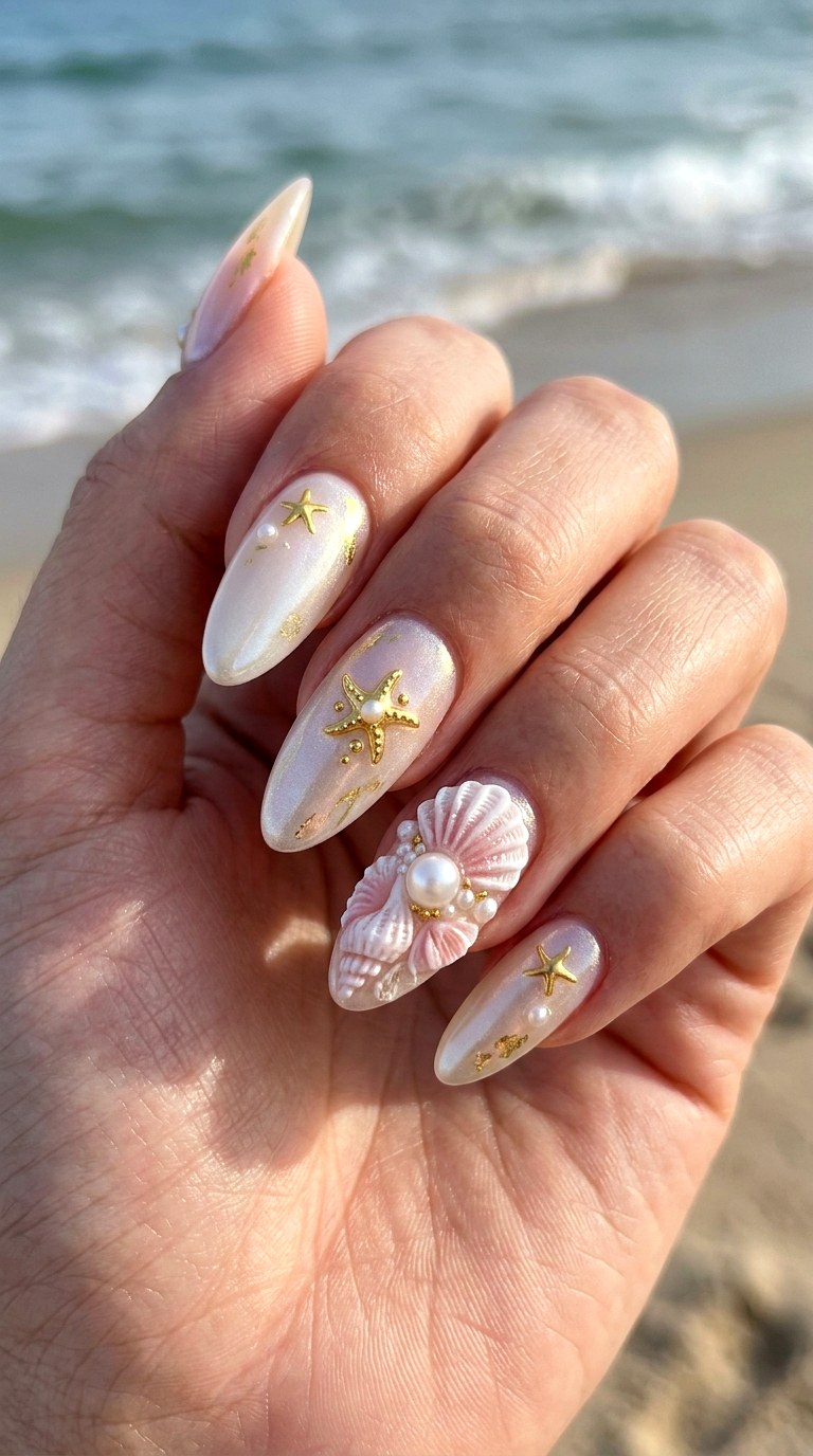 D Pearl Seashell Gold Nails - 23 Iridescent Pearl and gold starfish shell nail shimmer design ideas