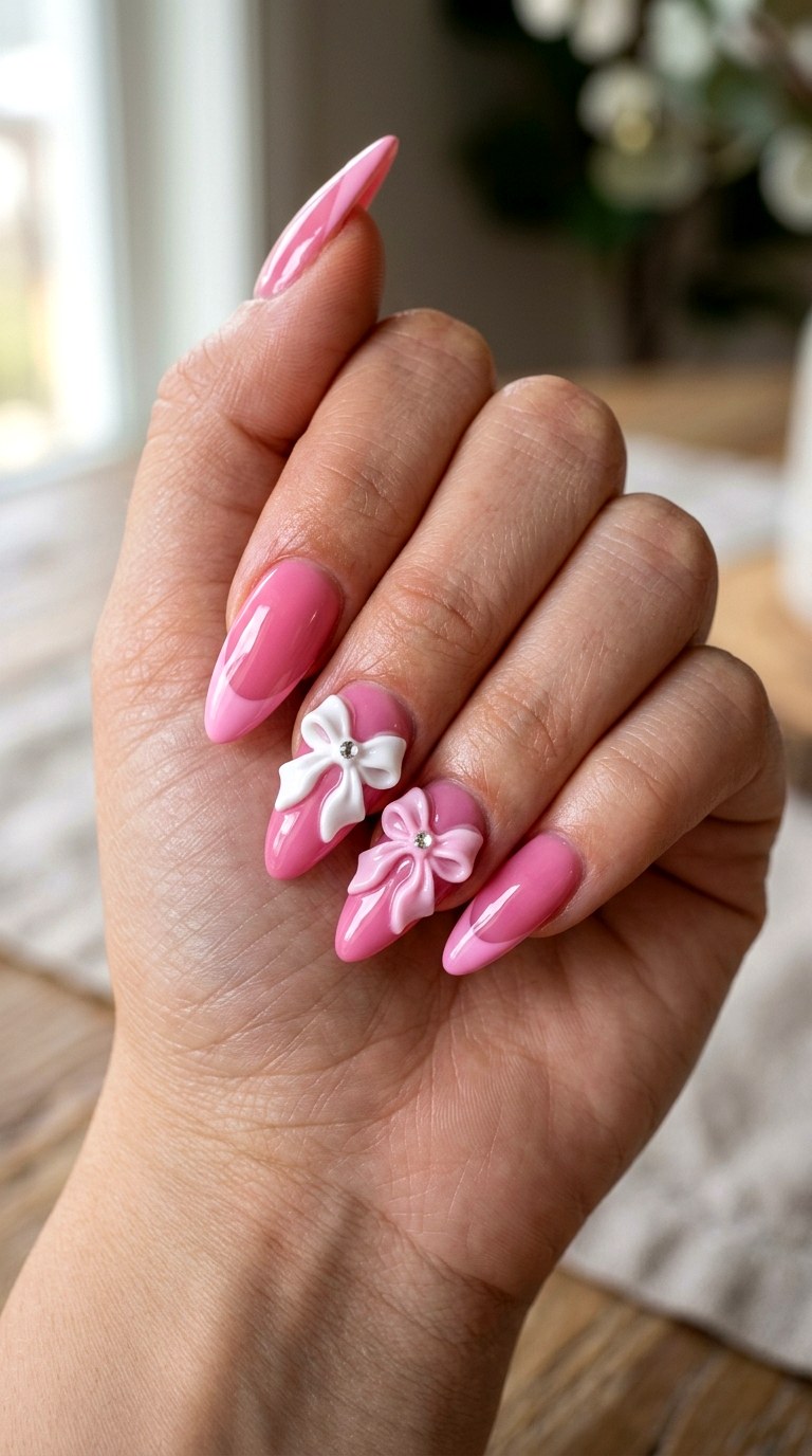 D Pink Ribbon Nails - 23 girly acrylic nail ideas