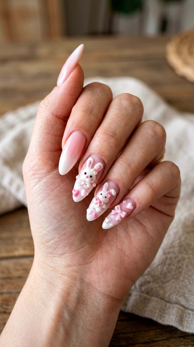 D Sculpted Bunny Hearts - 25 sweet heart bunny nails idea