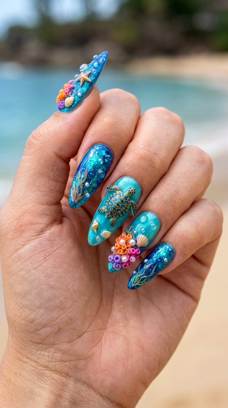 D Sea Turtle Nails - 20 3D Ocean nails idea
