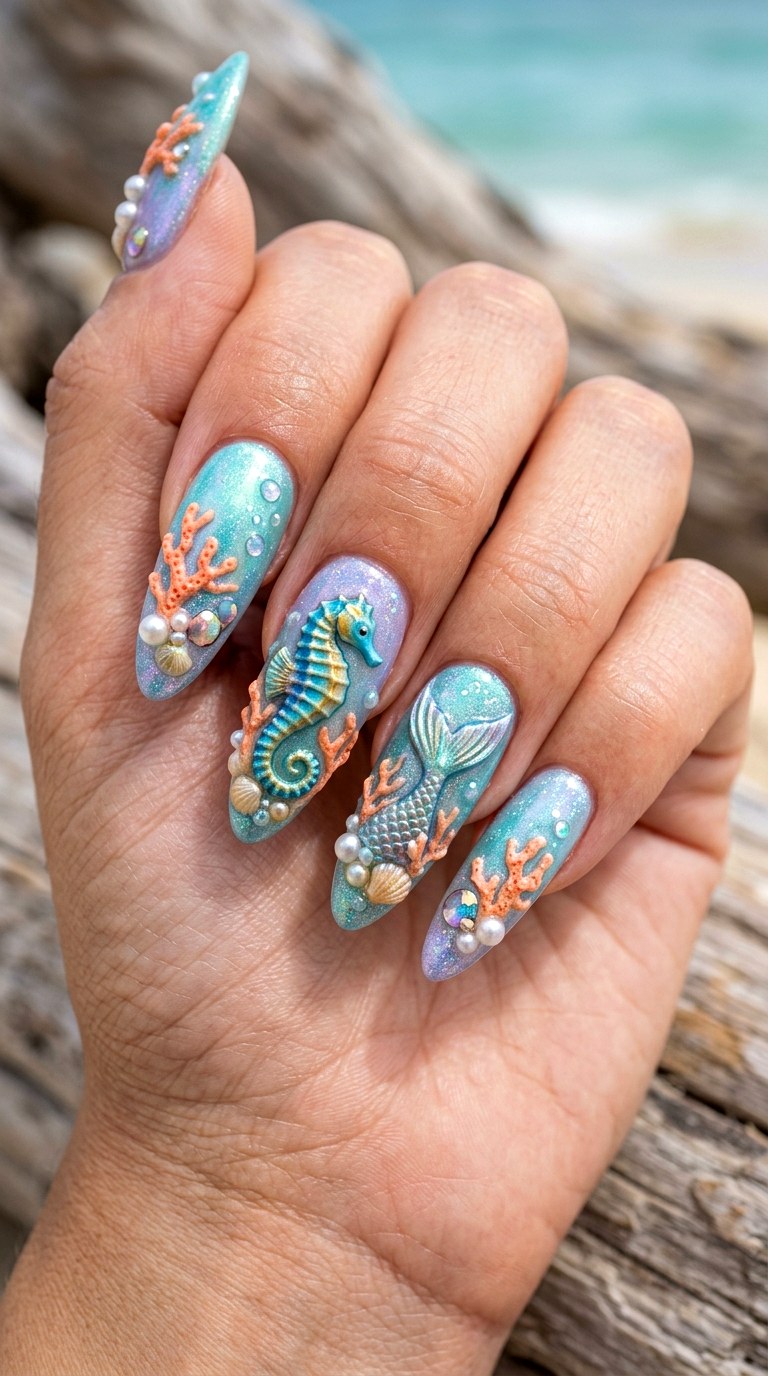 D Seahorse Mermaid Nails - 20 3D Ocean nails idea