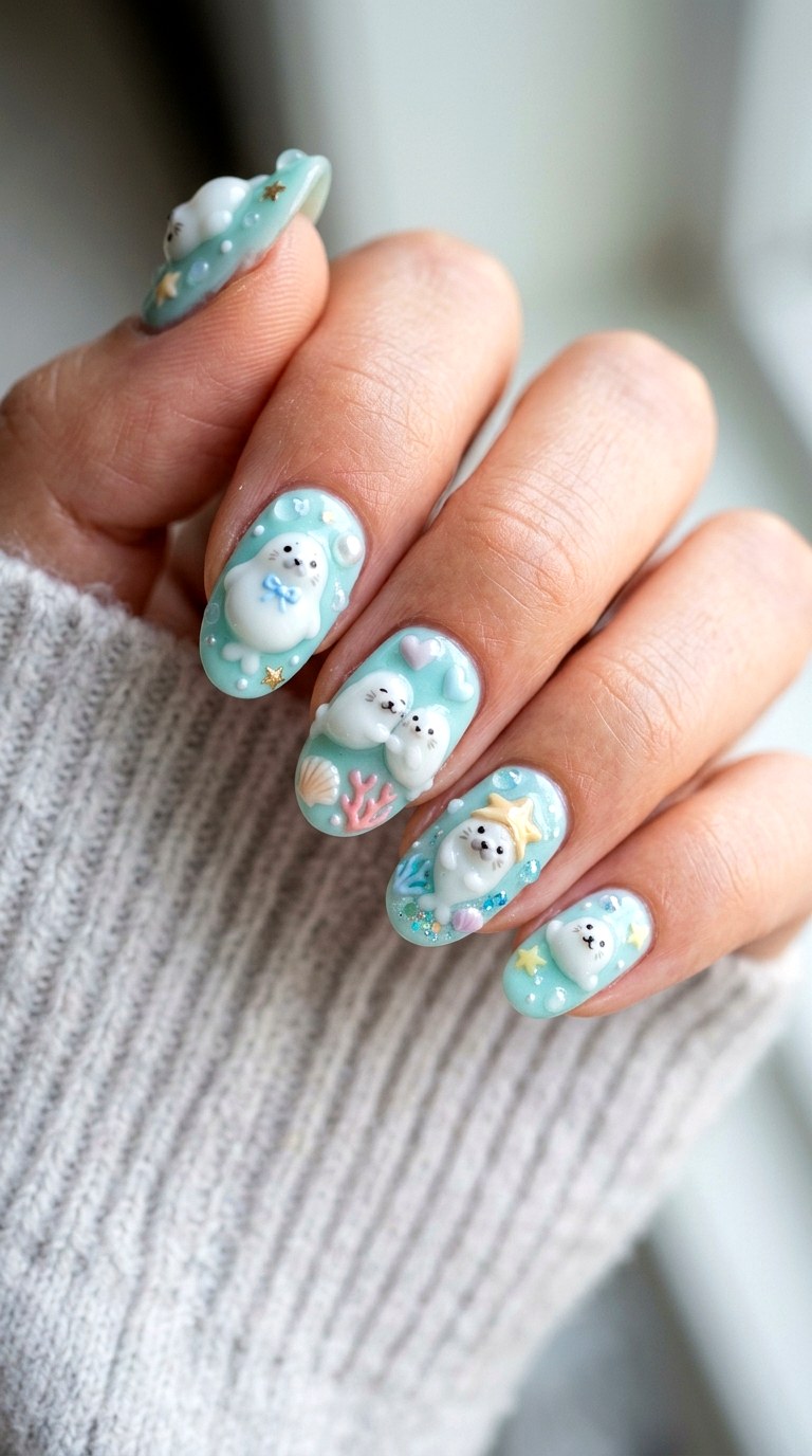 D Seal Charm Nails - 22 little seals cute kawaii nail ideas